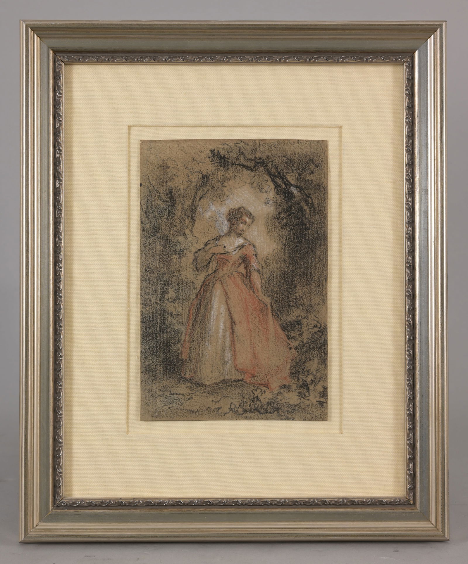 Narcisse-Virgilio Diaz de la Pena (1807 - 1876): Narcisse-Virgilio Diaz de la Pena (France, 1807 - 1876) "Jeune fille dans le parc" circa 1855 Graphite and Wax Color Crayon. Old label verso. Sight Size: 8.5 x 5.5 in. Overall Framed Size: 15.5 x 13.5