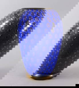 Alberto Dona (Italian, b. 1944): Alberto Dona (Italian, b. 1944) Hand Blown Blue Glass Vase. Dimensions: 9.25 x 5.75 in.