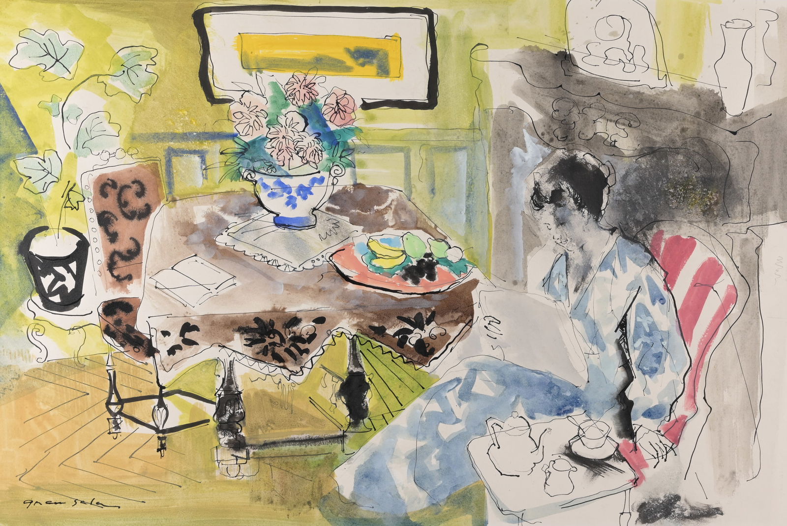 Emilio Grau Sala (Spain, 1911-1975) Watercolor/ink: Emilio Grau Sala (Spain, 1911 - 1975) Interior Scene Watercolor & Ink. Signed lower left. Image Size: 14 x 21 in. Overall Framed Size: 29 x 36 in. Framed behind glass.