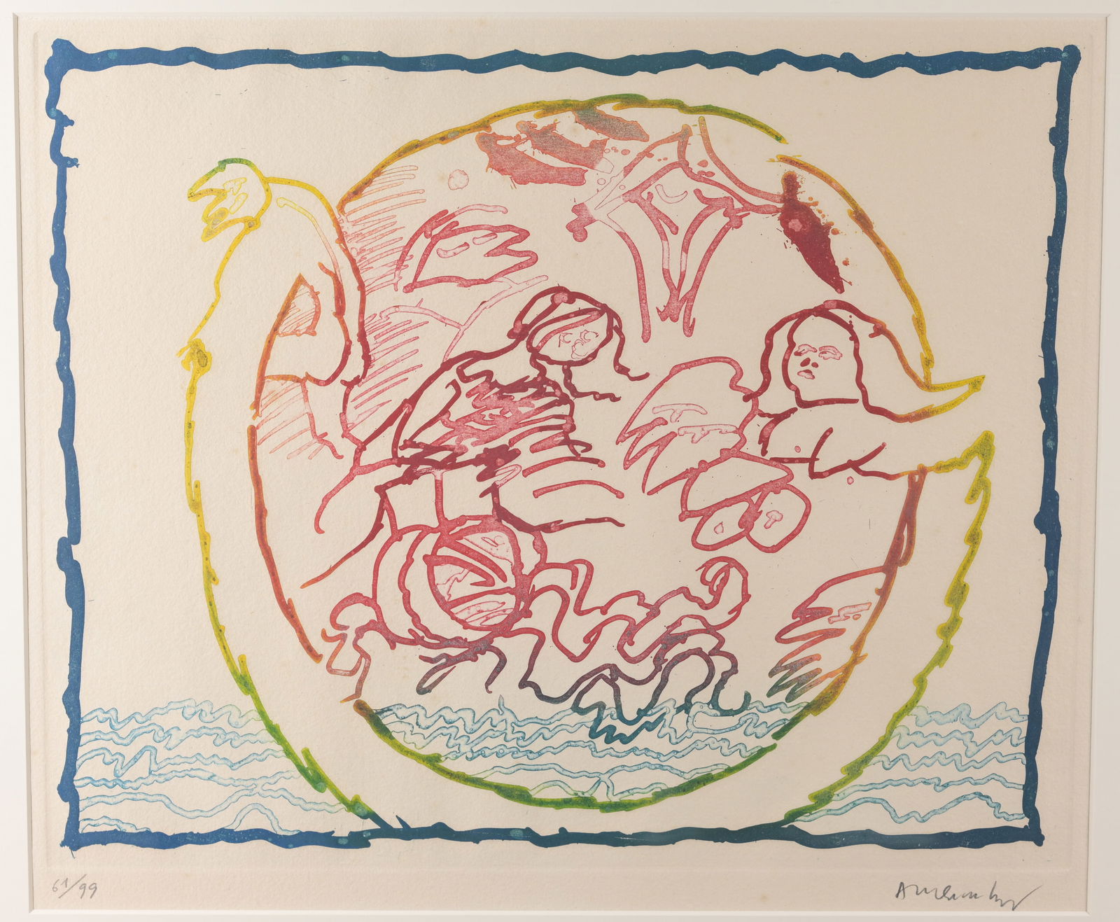 Pierre Alechinsky - Stars and Disasters, 1969: Pierre Alechinsky (Belgian (b. 1927) Stars and Disasters (Astres et Desastres) - 1969 Colored Aquatint. Pencil signed and numbered (61/99) ower margin. Image Size: 15.5 x 19 in. Overall Framed Size: 2