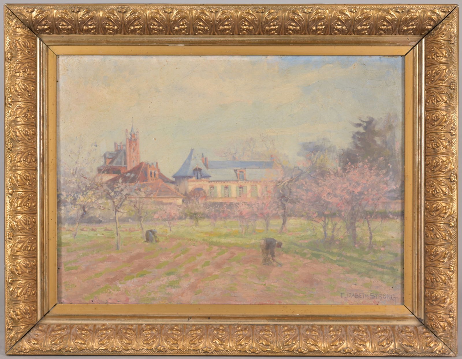 Elizabeth Strong, "Rosa Bonheur's Chateau": Elizabeth Strong (California, Connecticut, 1855 - 1941) "Rosa Bonheur's Chateau - 1904" Oil on Canvas. Signed lower right. Titled verso. Sight Size: 13 x 18 in. Overall Framed Size: 17 x 23 in. Strong