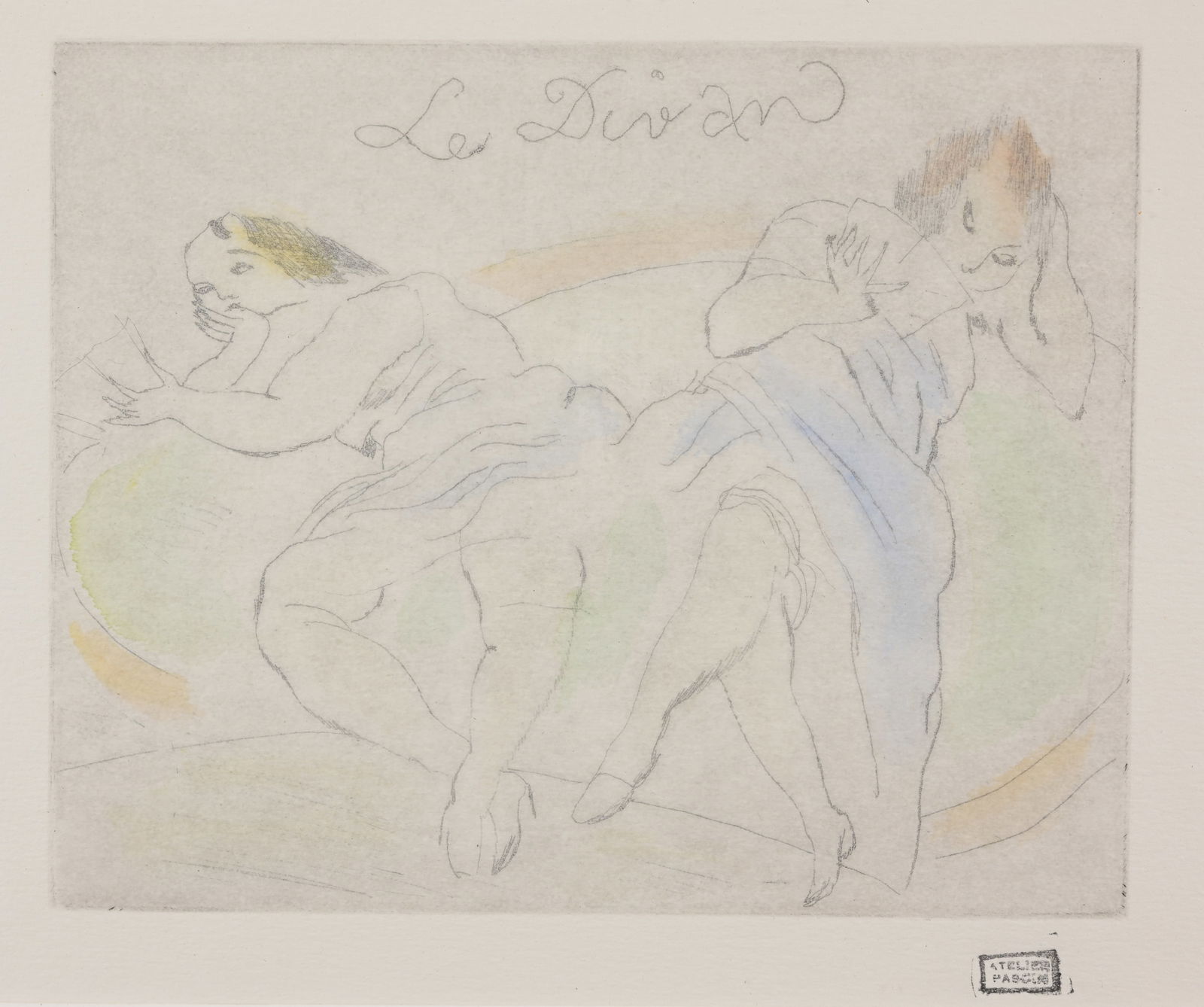 Jules Pascin (1885 - 1930) "Le Divan": Jules Pascin (Bulgarian, 1885 - 1930) "Le Divan" Color Etching. Stamped "Atelier Pascin" lower right. Sight Size: 6 x 7.5 in. Overall Framed Size: 18 x 21 in. Framed behind glass.