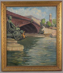 Jules Rene Herve (1887 - 1981) Paris: Jules Rene Herve (France, United States, 1887 - 1981) Painting of the Seine River, Paris. Oil on Canvas. Signed lower left. Sight Size: 21 x 18 in. Overall Framed Size: 24.5 x 21.5 in.
