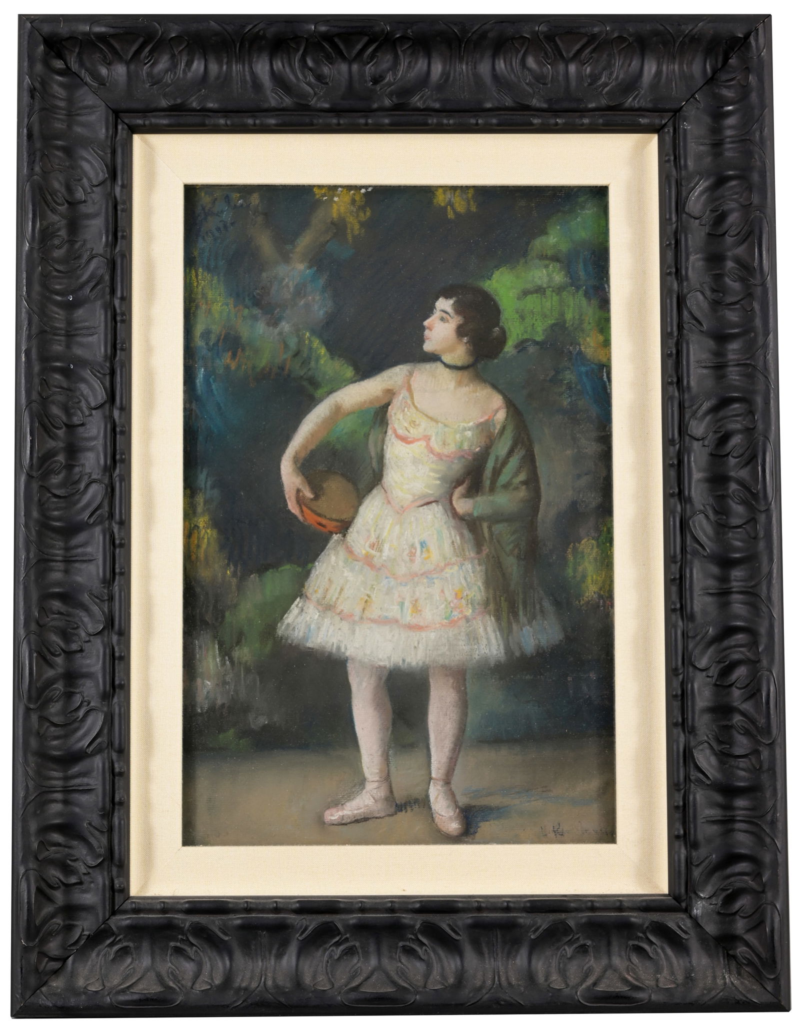 Louis Kronberg (1872 - 1965) "The Tambourine": Louis Kronberg (New York, Florida, Massachusetts / France, 1872 - 1965) "The Tambourine" Pastel. Signed upper left. Old "Boston Art Club" exhibition label verso. Sight Size: 17 x 11 in. Overall Framed