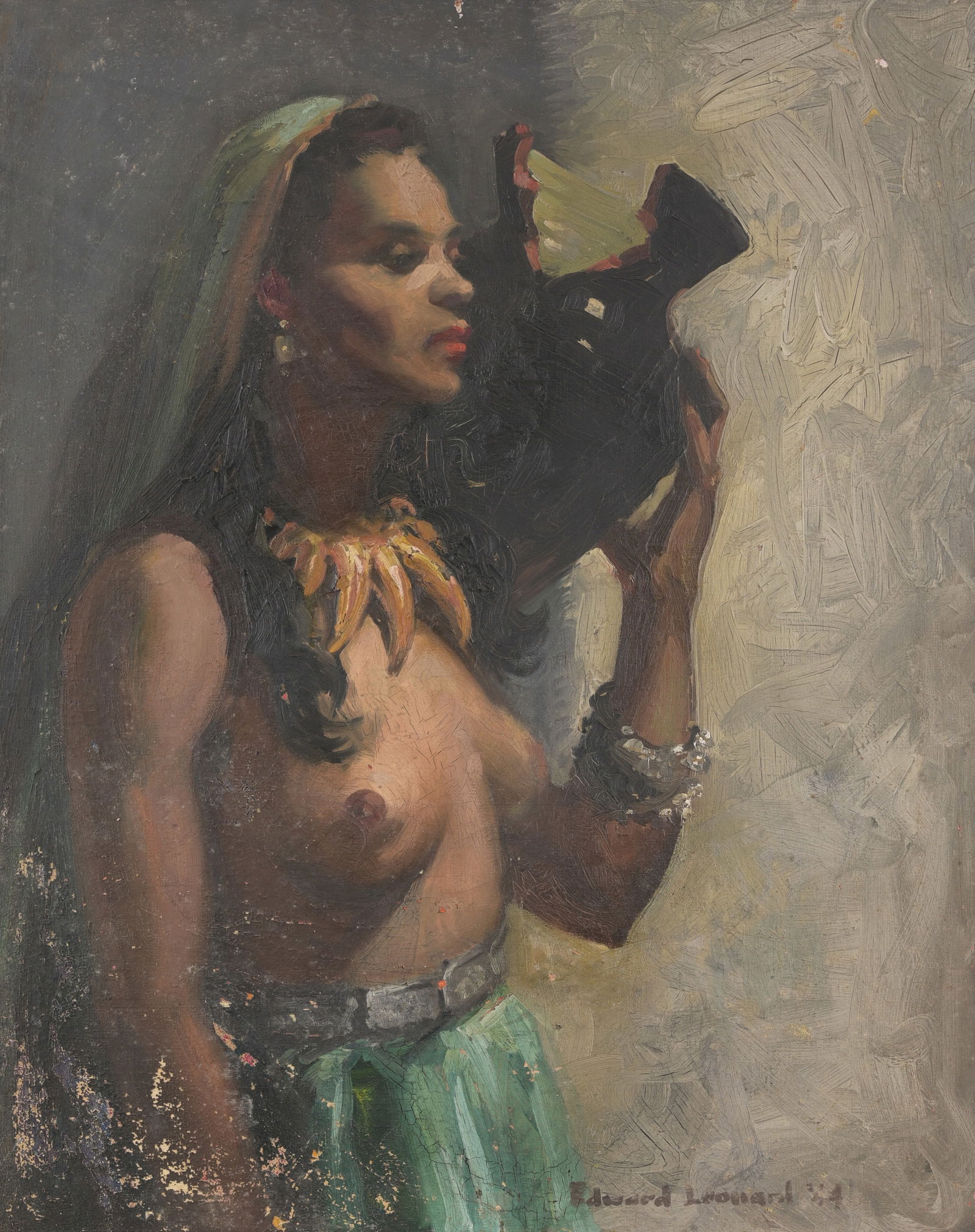 Edward Leonard (FL, NY, 1901 - 1968): Edward Leonard (Florida, New York, 1901 - 1968) Semi nude portrait of a woman carrying a vessel. Signed and dated lower right. Oil on canvas. Initialed verso. Provenance: From the deceased estate of D