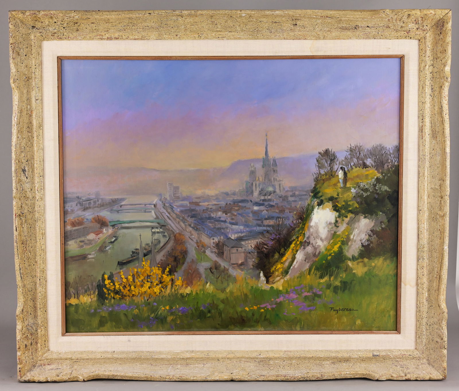 Annie Puybareau (French, b. 1955) "St Catherine": Annie Puybareau (French, b. 1955) "Rouen, de la core. St Catherine" Oil on Canvas. Signed lower right. Inscribed verso. Sight Size: 23.75 x 28.75 in. Overall Framed Size: 30.5 x 35.5 in.