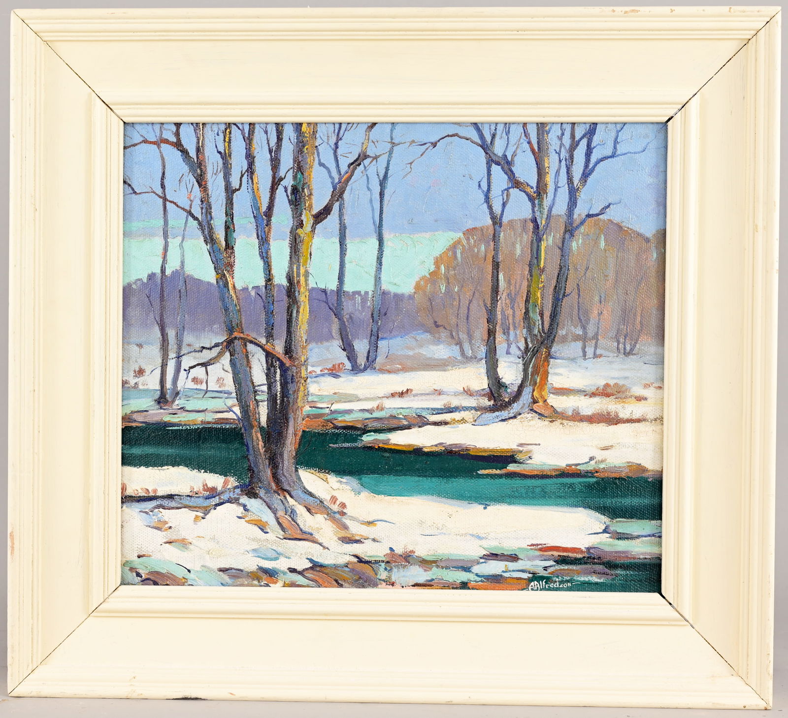 Albert Alfredson (IL, IN, 1907 - 1977): Albert Alfredson (Illinois, Indiana, 1907 - 1977) Snowy Landscape Oil on Board. Signed lower right. Sight Size: 14 x 16 in. Overall Framed Size: 19.5 x 21.5 in.