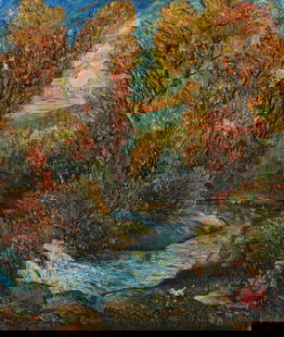 David Davidovich Burliuk (1882 - 1967): David Davidovich Burliuk (1882 - 1967) River landscape painting. Oil on Canvas. Signed lower center. Provenance: Private New York Collection. Size: 24 x 20.5 in. Unframed. (13009)