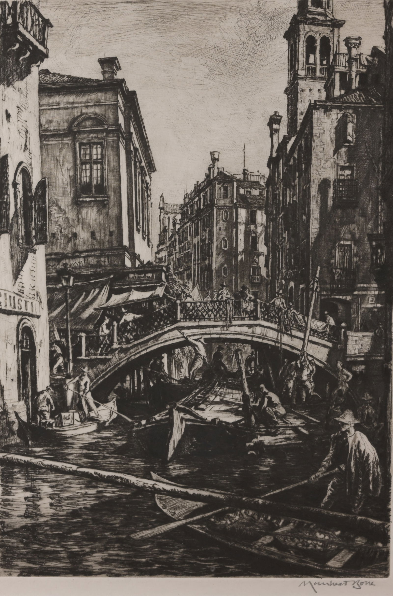 Sir David Muirhead Bone (1876 - 1953) Drypoint: Sir David Muirhead Bone (UK, 1876 - 1953) "Canal and Bridge of SS Apostoli, Venice" - 1916 (Dodgon 351) Drypoint. Pencil signed lower margin. Impression Size: 12 7/8 x 8 7/8 in. Overall Framed Size: 2