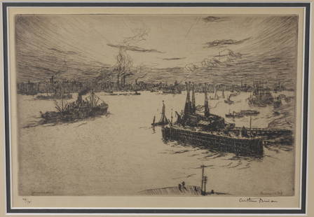 Arthur Briscoe (1873 - 1943) "Gravesend Reach": Arthur Briscoe (British, 1873 - 1943) "Gravesend Reach" (Kent, England) - 1927 Etching with Drypoint. Pen signed and numbered (56/75) lower margin. #102 in "A Complete Catalogue of the Etchings and Dr