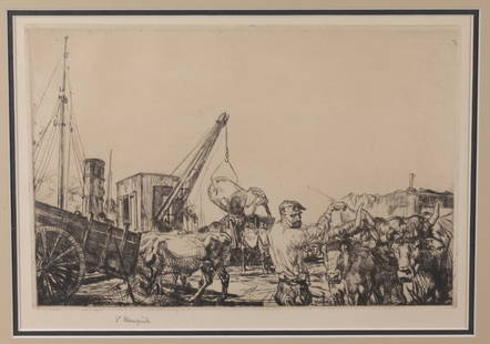 Edmund Blampied (1886 - 1966) "San Sebastian": Edmund Blampied (British, 1886 - 1966) "San Sebastian - Harbour Scene" - 1924 (Arnold - Appleby 98) Etching and Drypoint. Pencil signed lower margin. Impression Size: 7.75 x 11.75 in. Overall Framed S