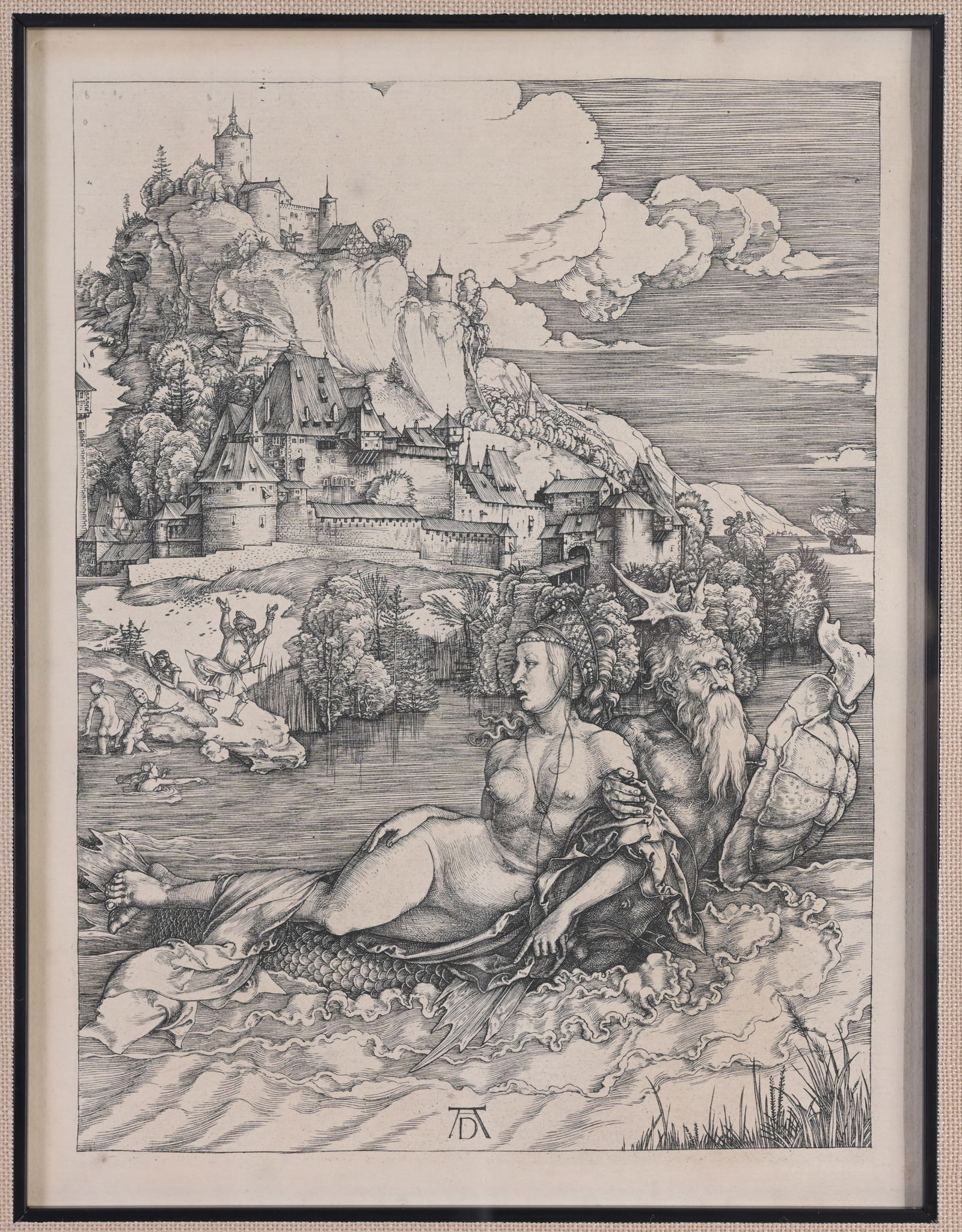 After Albrecht Durer "Sea Monster" Engraving: After Albrecht Durer "Seamonster" Engraving Monogrammed in plate lower center. Image Size: 9.75 x 7.25 in. Overall Framed Size: 23 x 20.5 in. Framed behind plexiglass.