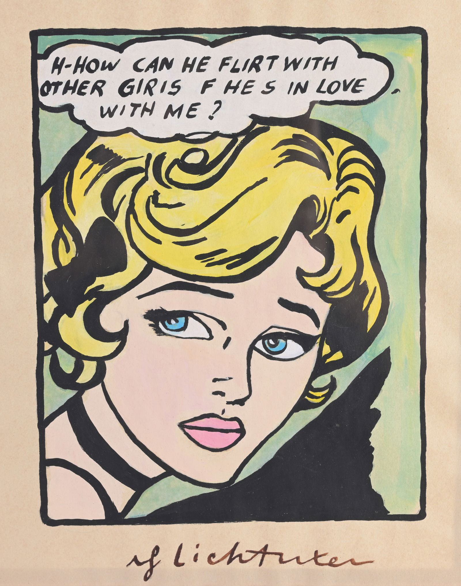 After Roy Lichtenstein Mixed Media: After Roy Lichtenstein "Portrait of a Young Girl" Mixed Media on Paper. Bearing signature lower margin. Stamps verso on paper. Sight Size: 9.75 x 8 in. Overall Framed Size: 15.25 x 12.25 in. Framed be