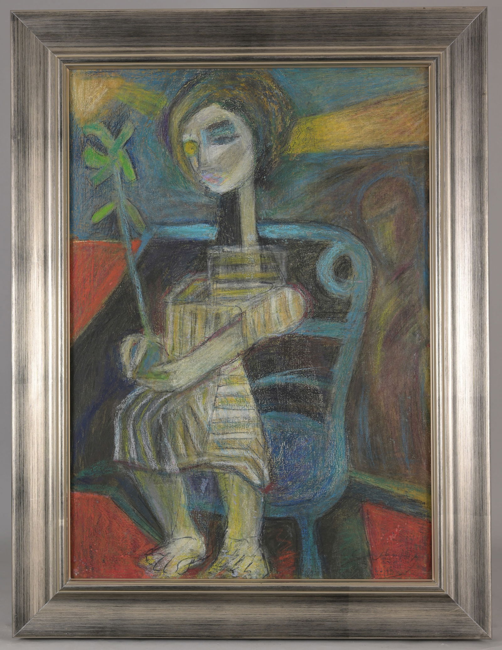 Manner of Claude Venard (French, 1913 - 1999): Manner of Claude Venard (French, 1913 - 1999) Figure Holding a Flower Mixed Media (oil/oil crayon) on Canvas. Signed lower right. Sight Size: 25 x 18 in. Overall Framed Size: 31 x 23.5 in.