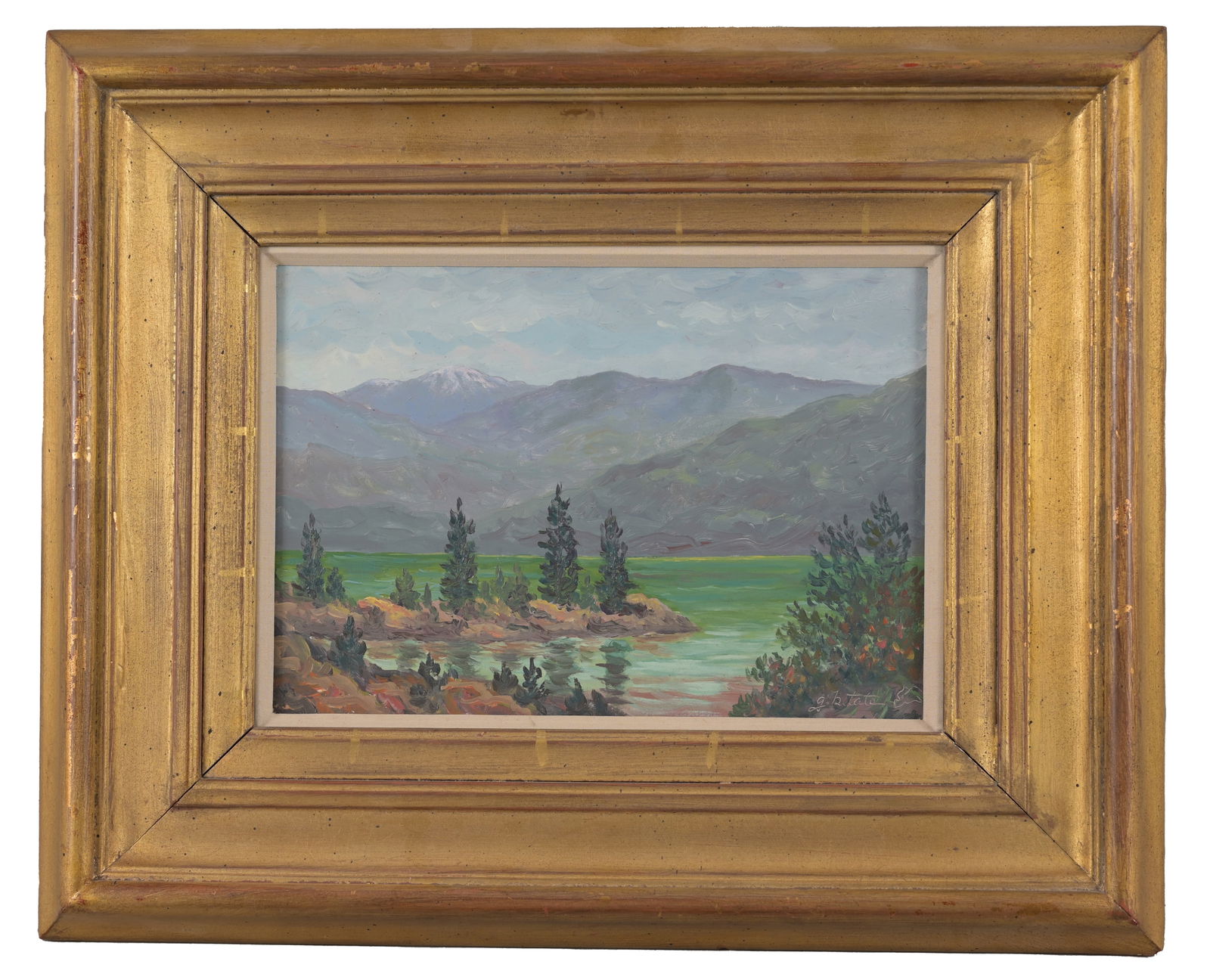 Gayle Blair Tate (b. 1944) "Kluane Lake No. 2": Gayle Blair Tate (American, b. 1944) "Kluane Lake No. 2" (Canadian lake on Alaskan border) Oil on Panel. Signed lower right. Inscribed verso. Sight Size: 7 x 9.5 in. Overall Framed Size: 13 x 16 in.