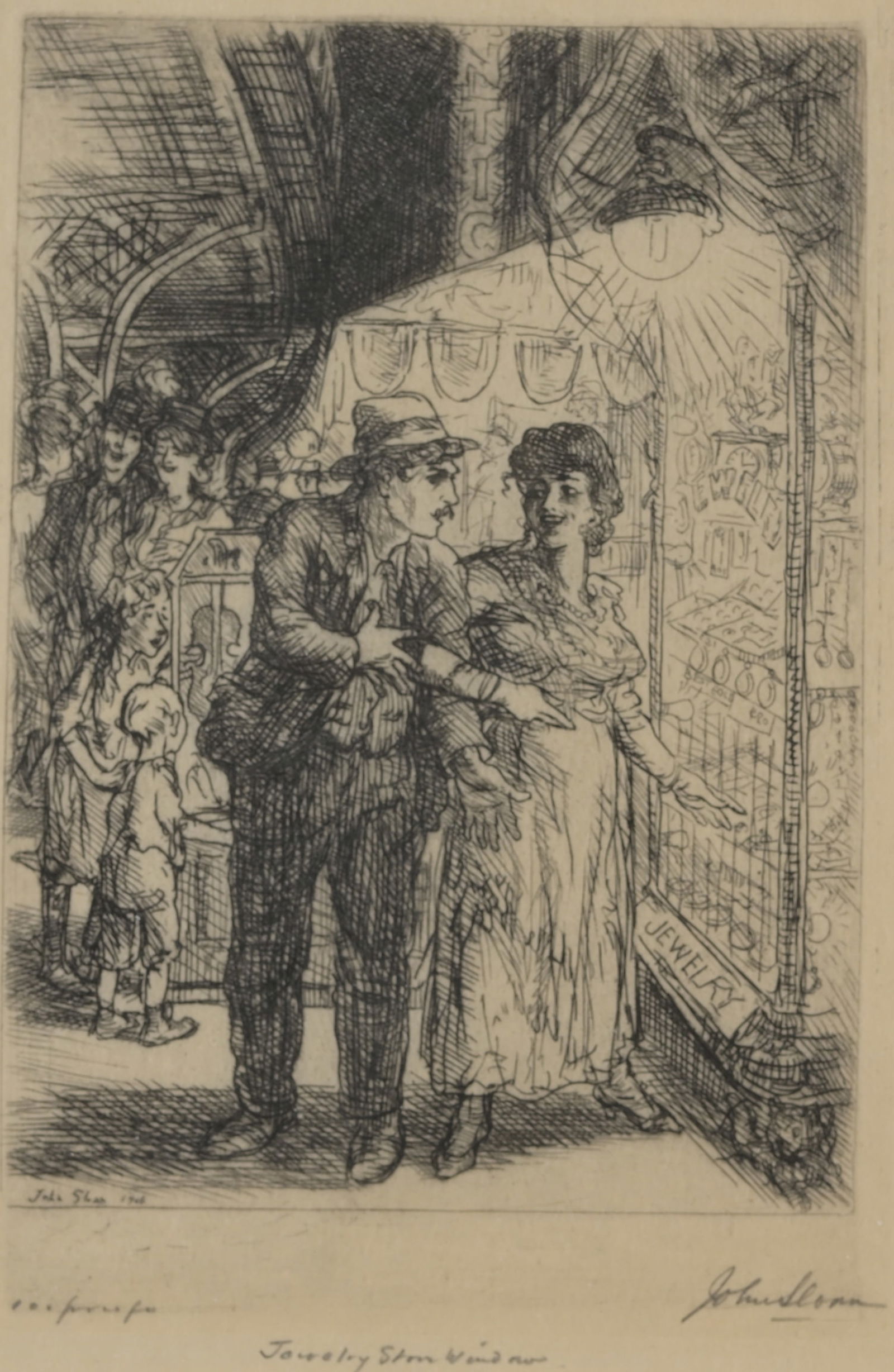 John Sloan - "Jewelry Store Window" Etching: John Sloan (American, 1871 - 1951) "Jewelry Store Window" - 1906 Etching. Pencil inscribed lower margin. Sight Size: 5 x 3.5 in. Overall Framed Size: 20 x 15 in. Framed behind glass.