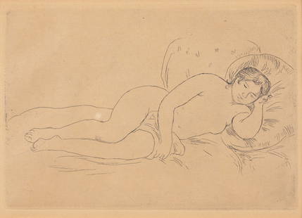 Pierre-Auguste Renoir (1841 - 1919) Etching: Pierre-Auguste Renoir (1841 - 1919) "Femme nue couchee" (tournee a droite) - 1906 Etching. Sight Size: 5.5 x 8 in. Overall Framed Size: 15 x 18 in. Framed behind glass.