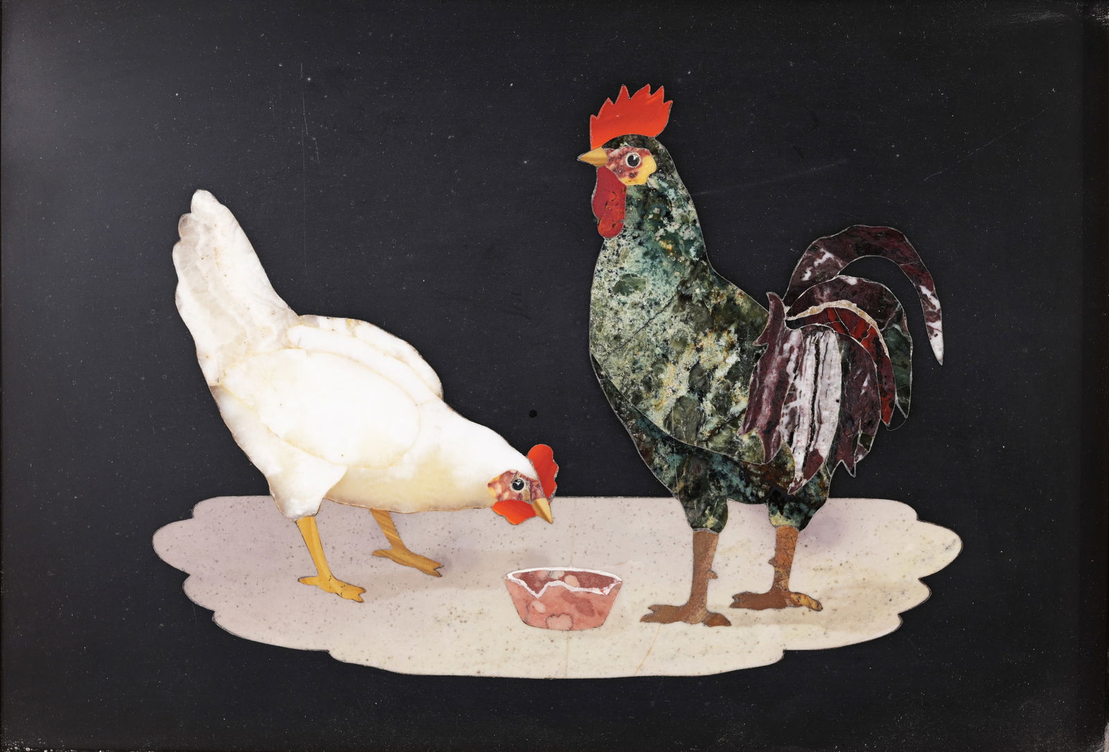 Pietra Dura Plaque of Rooster: Old label verso on frame. Sight Size: 5.5 x 8 in. Overall Framed Size: 10 x 12.5 in.