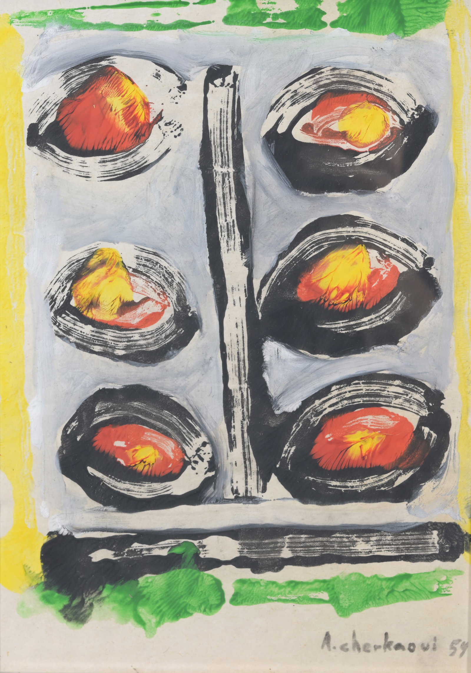 Attri Ahmed Cherkaoui (Moroccan, 1934 - 1967): Attributed Ahmed Cherkaoui (Moroccan, 1934 - 1967) Composition, Gouache, Signed and Dated 59, Image Size: 10 x 7.5 in. Overall Framed Size: 12 x 9 in. Framed behind glass.