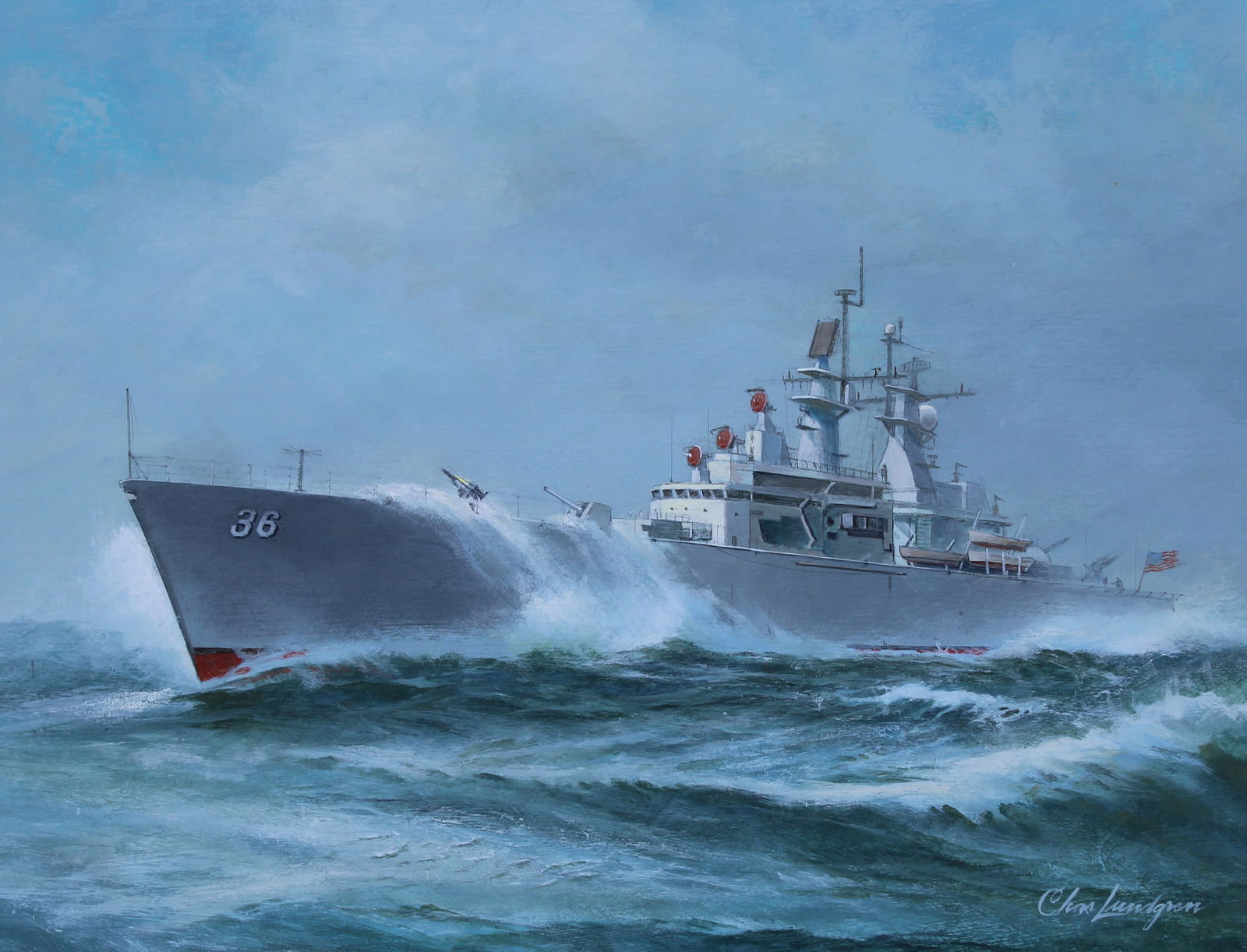 Charles J Lundgren (1911-1988) "U.S.S. California": Charles J Lundgren (New York, Connecticut, 1911 - 1988) "U.S.S. California" Signed lower right. Original Oil on Masonite. Provenance: Collection of James A. Helzer (1946-2008), Founder of Unicover Cor