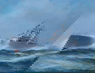 Charles J Lundgren (1911-1988) "U.S.S. California": Charles J Lundgren (New York, Connecticut, 1911 - 1988) "U.S.S. California" Signed lower right. Original Oil on Masonite. Provenance: Collection of James A. Helzer (1946-2008), Founder of Unicover Cor