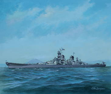 Charles J Lundgren (1911 - 1988) "U.S.S. Missouri": Charles J Lundgren (New York, Connecticut, 1911 - 1988) "U.S.S. Missouri" Signed lower right. Oil on Masonite. Provenance: Collection of James A. Helzer (1946-2008), Founder of Unicover Corporation. T