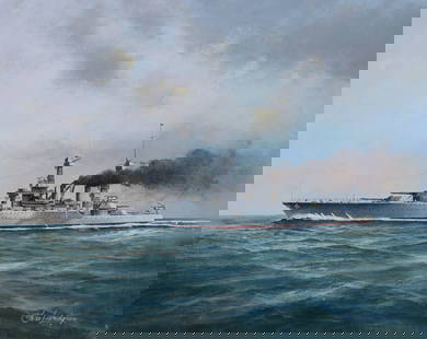 Charles J Lundgren (1911 - 1988) "USS W Virginia": Charles J Lundgren (New York, Connecticut, 1911 - 1988) "U.S.S. West Virginia" Signed lower right. Oil on Masonite. Provenance: Collection of James A. Helzer (1946-2008), Founder of Unicover Corporati