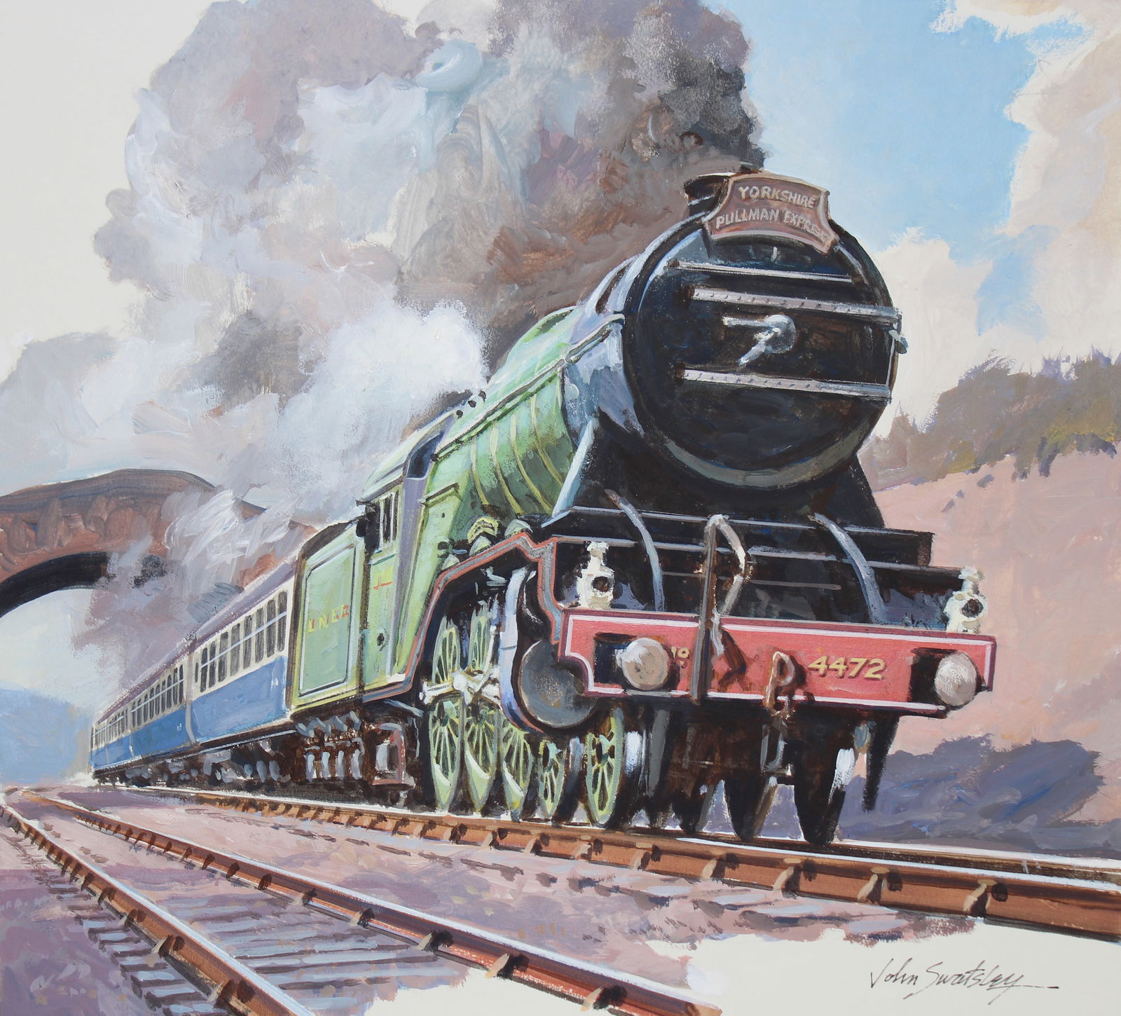 John Swatsley (B. 1937) "Flying Scotsman": John Swatsley (American, B. 1937) "Flying Scotsman Locomotive" Signed lower right. Oil on Illustration Board. Provenance: Collection of James A. Helzer (1946-2008), Founder of Unicover Corporation. Th