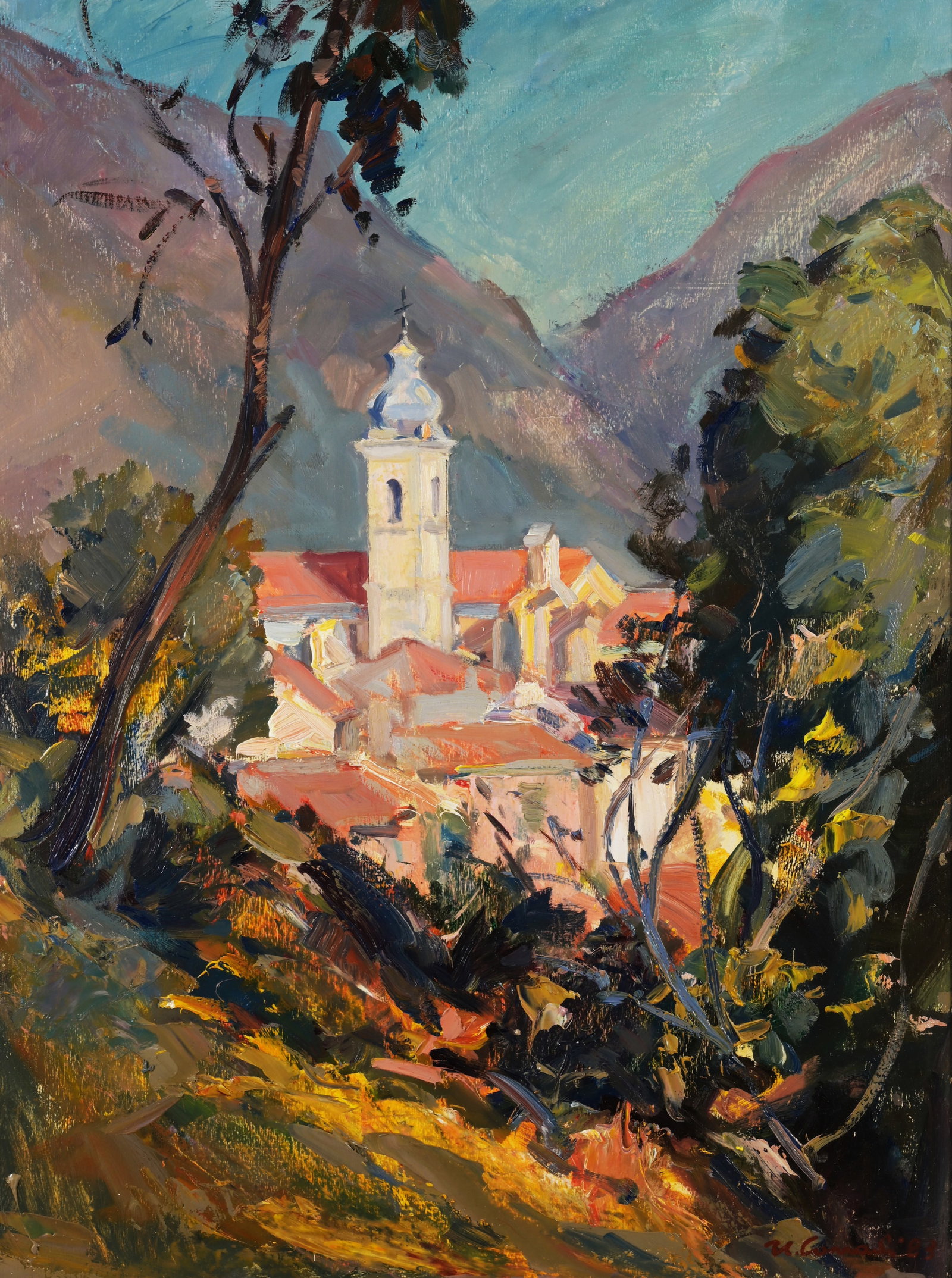 Umberto Corradi - "Italian Village of Civezza": Umberto Corradi (Italian, 1930 - 2022) "Italian Village of Civezza" Oil on Board. Signed and dated ('83) lower right. Inscribed verso on board. Sight Size: 23.75 x 18 in. Overall Framed Size: 30.75 x 
