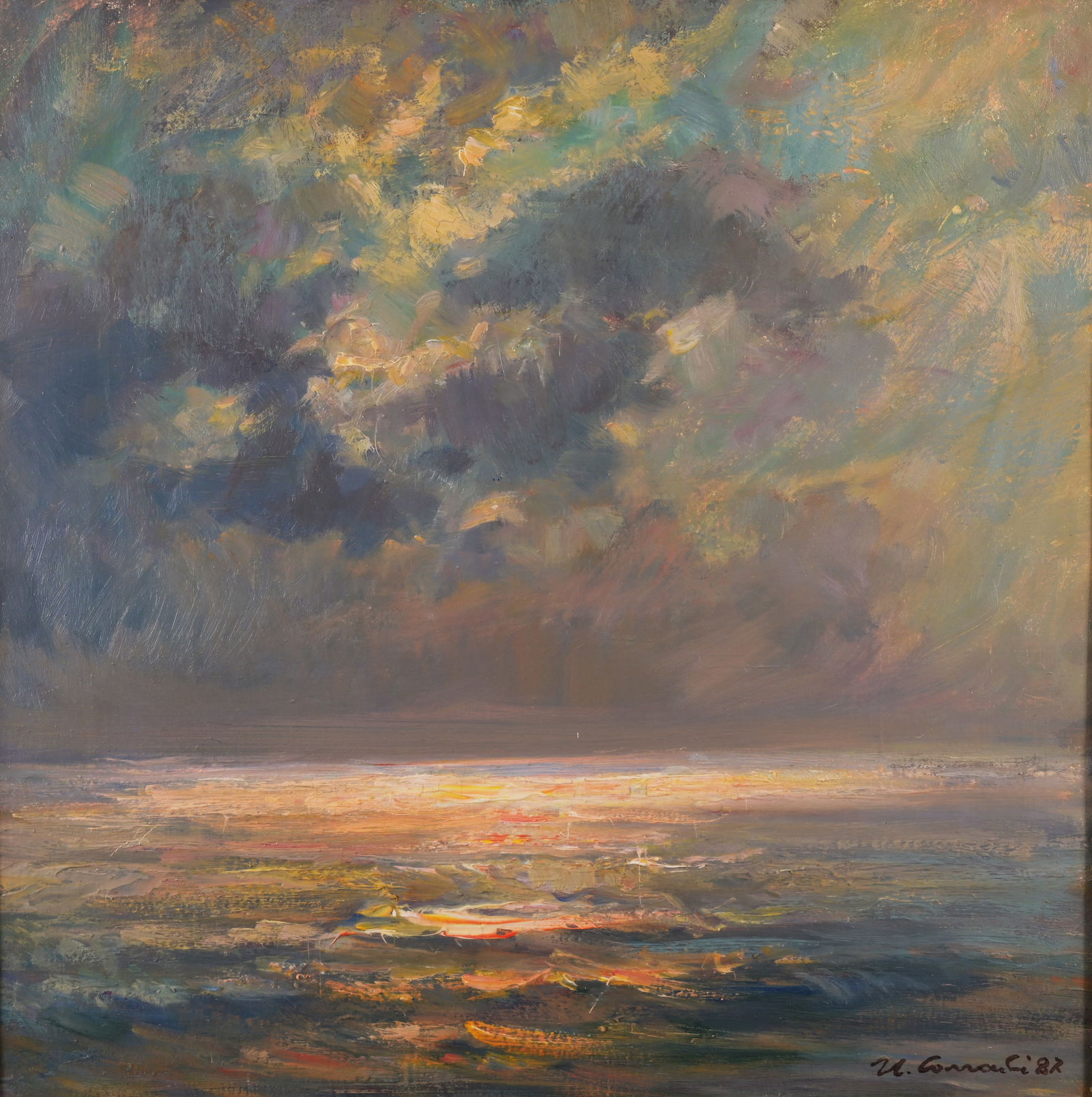 Umberto Corradi - "Ligurian Sea": Umberto Corradi (Italian, 1930 - 2022) "Ligurian Sea" Oil on Canvas. Signed and dated ('83) lower right. Inscribed verso on canvas. Sight Size: 15.75 x 15.75 in. Overall Framed Size: 22.5 x 22.5 in. F
