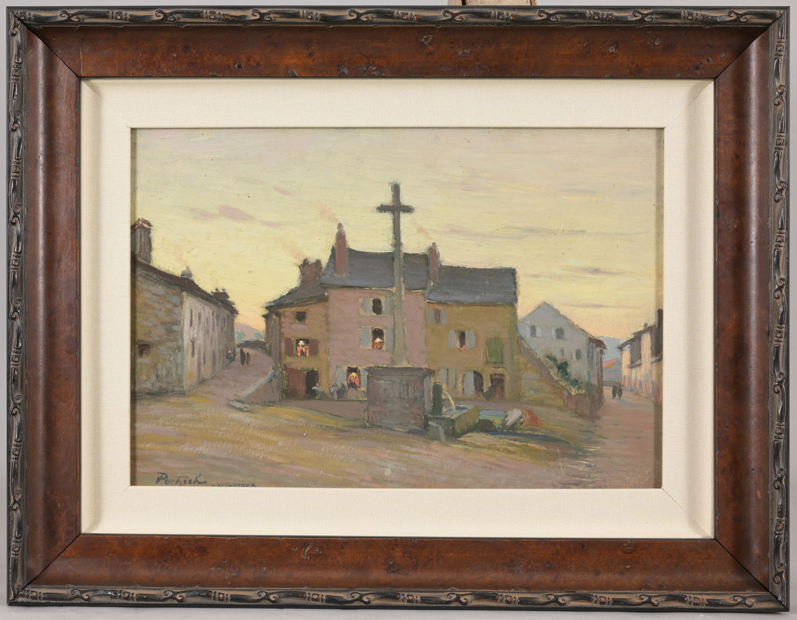 Gustave Poetzsch (1870 - 1950): Gustave Poetzsch (Switzerland, France, 1870 - 1950) Village scene. Oil on Board. Signed lower left. Sight Size: 10 x 14.5 in. Overall Framed Size: 16 x 20 in.