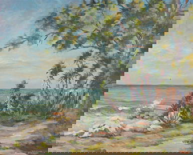 Douglas Stewart (1873 - 1926) Siesta Key Florida: Douglas Stewart (1873 - 1926) Siesta Key Florida Impressionist painting. Oil on canvas. Signed lower right. Old label verso. Size: 24 x 30 in. Unframed.