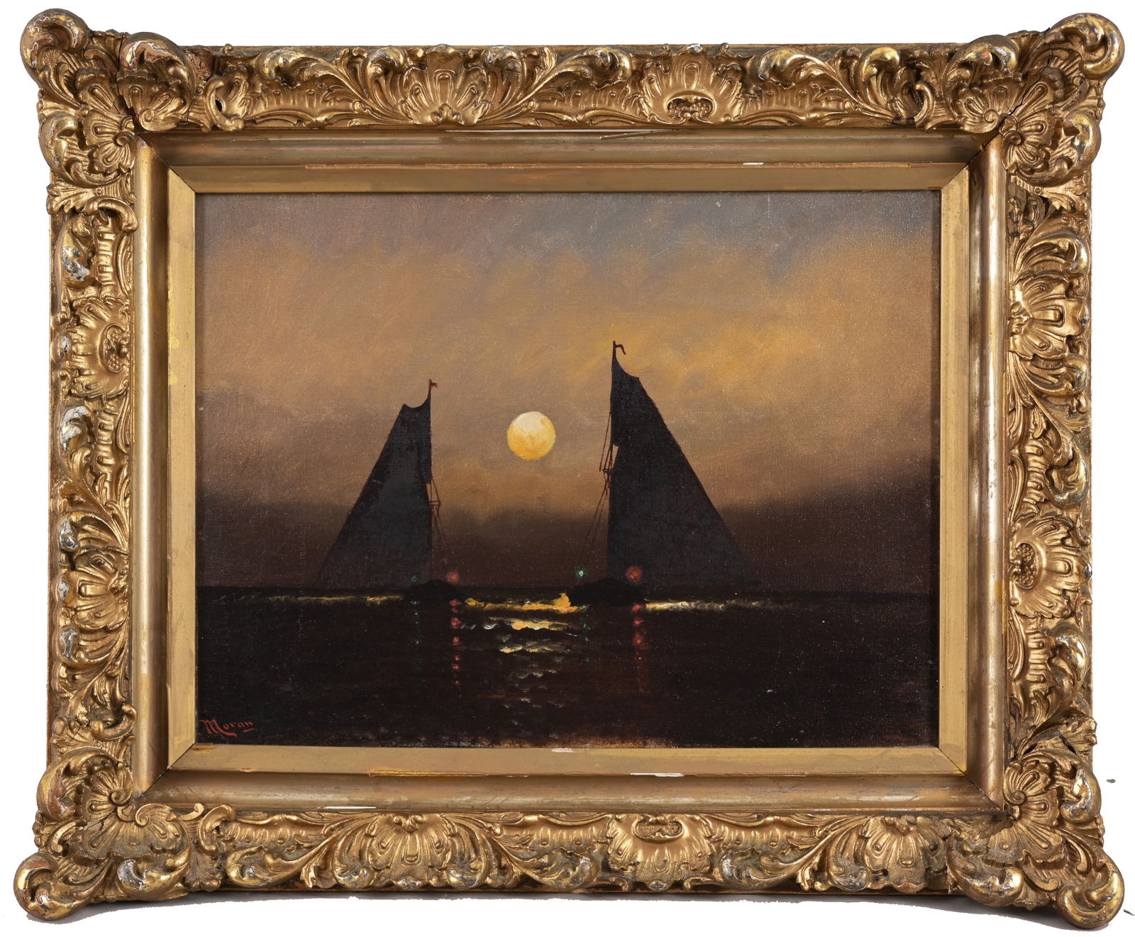 Edward Moran (PA, NY, 1829 - 1901): Edward Moran (New York, Pennsylvania, 1829 - 1901) Boats on the Moonlit Ocean Oil on Canvas. Signed lower left. Sight Size: 9 x 12 in. Overall Framed Size: 13 x 16 in.