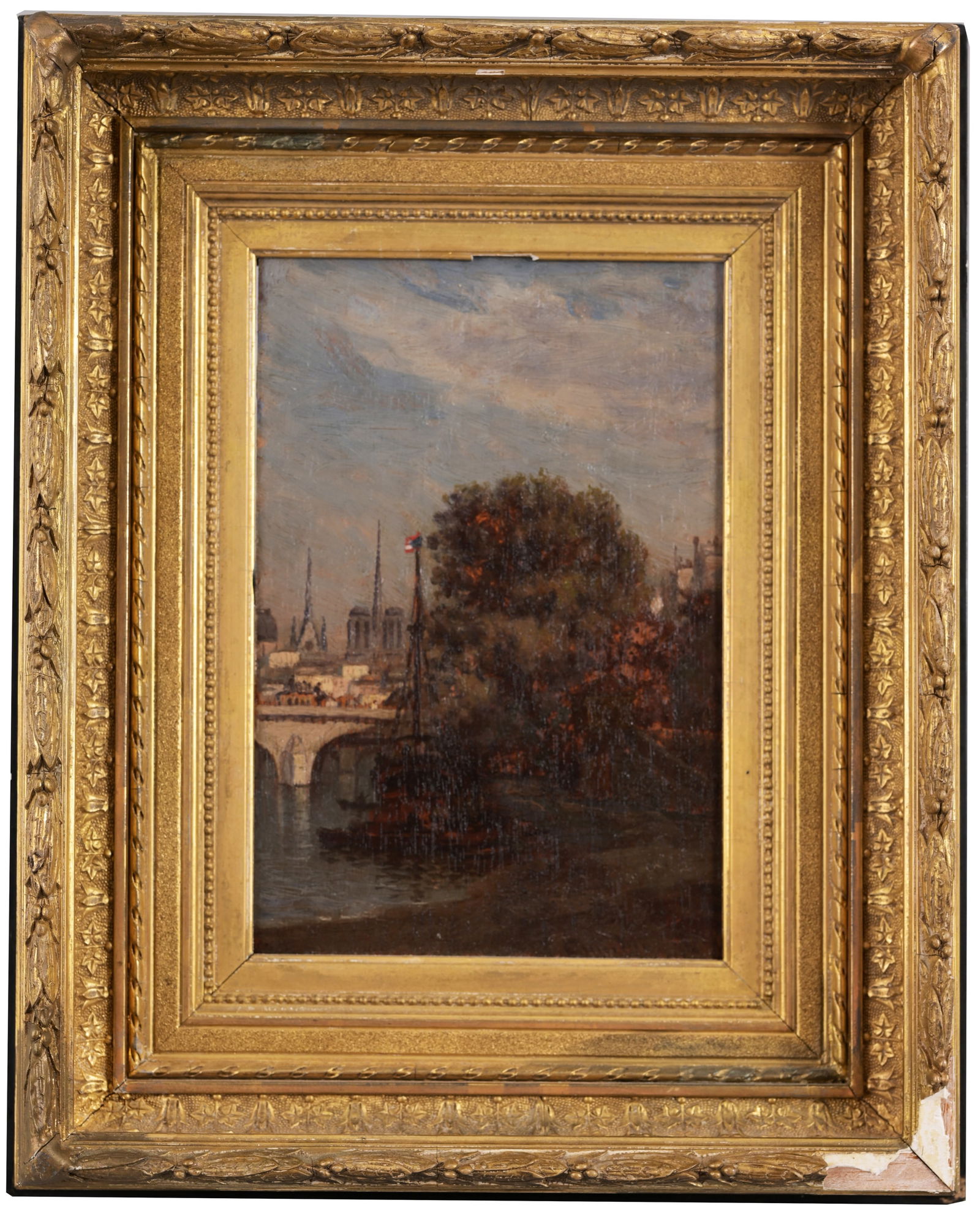 John Joseph Enneking (1841 - 1916) Paris: John Joseph Enneking (Massachusetts, New York, Maine, Ohio, 1841 - 1916) On the River Seine, Paris. Oil on Panel. Signed lower right. Inscribed verso. Sight Size: 9 x 6 in. Overall Framed Size: 14 x 1