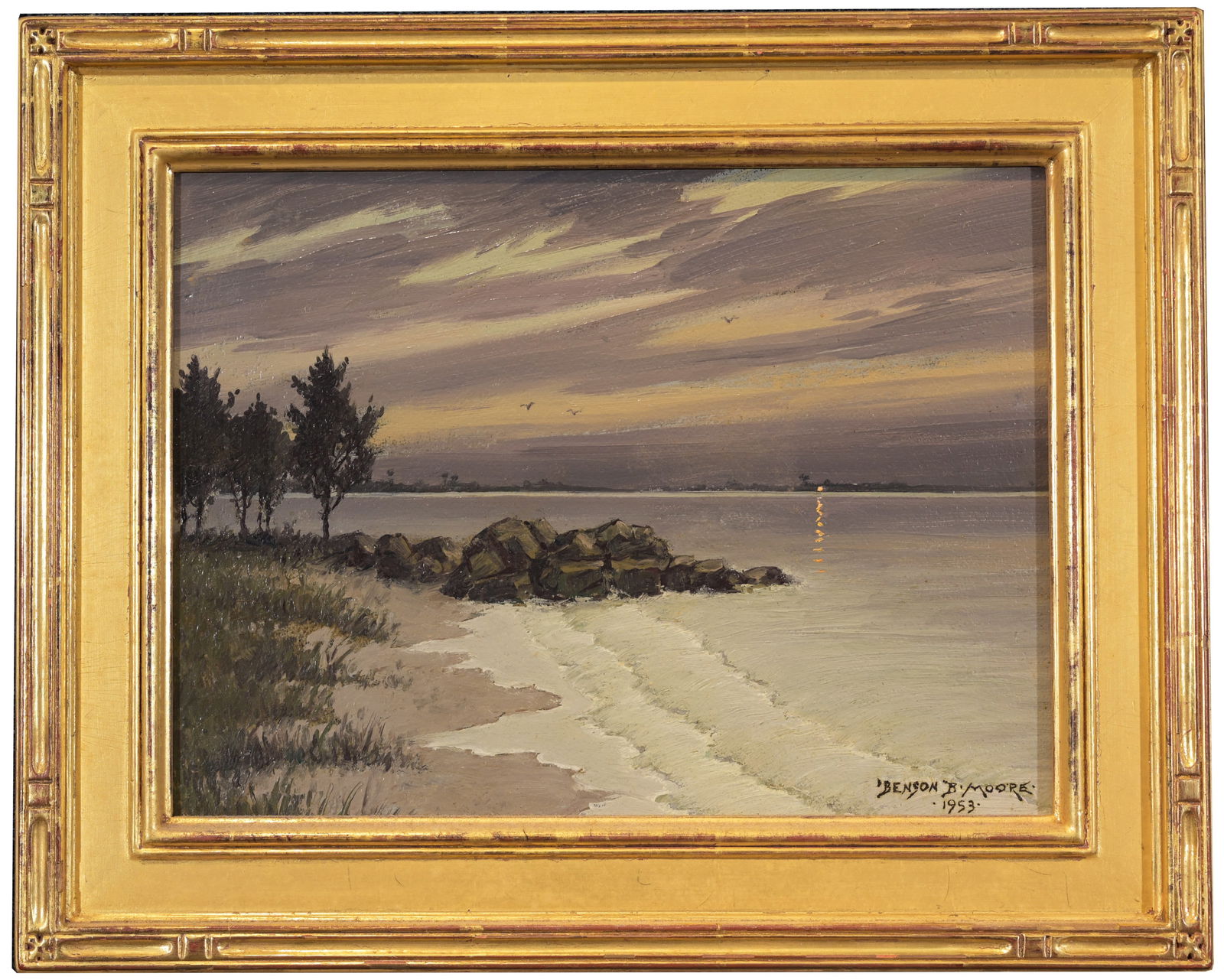 Benson B Moore (1882 - 1974) Sarasota Bay: Benson Bond Moore (Florida, 1882 - 1974) "Evening on Sarasota Bay, FLA" - 1953 Oil on Panel. Signed and dated (1953) lower right. Sight Size: 8.5 x 11 in. Overall Framed Size: 13 x 15.5 in.