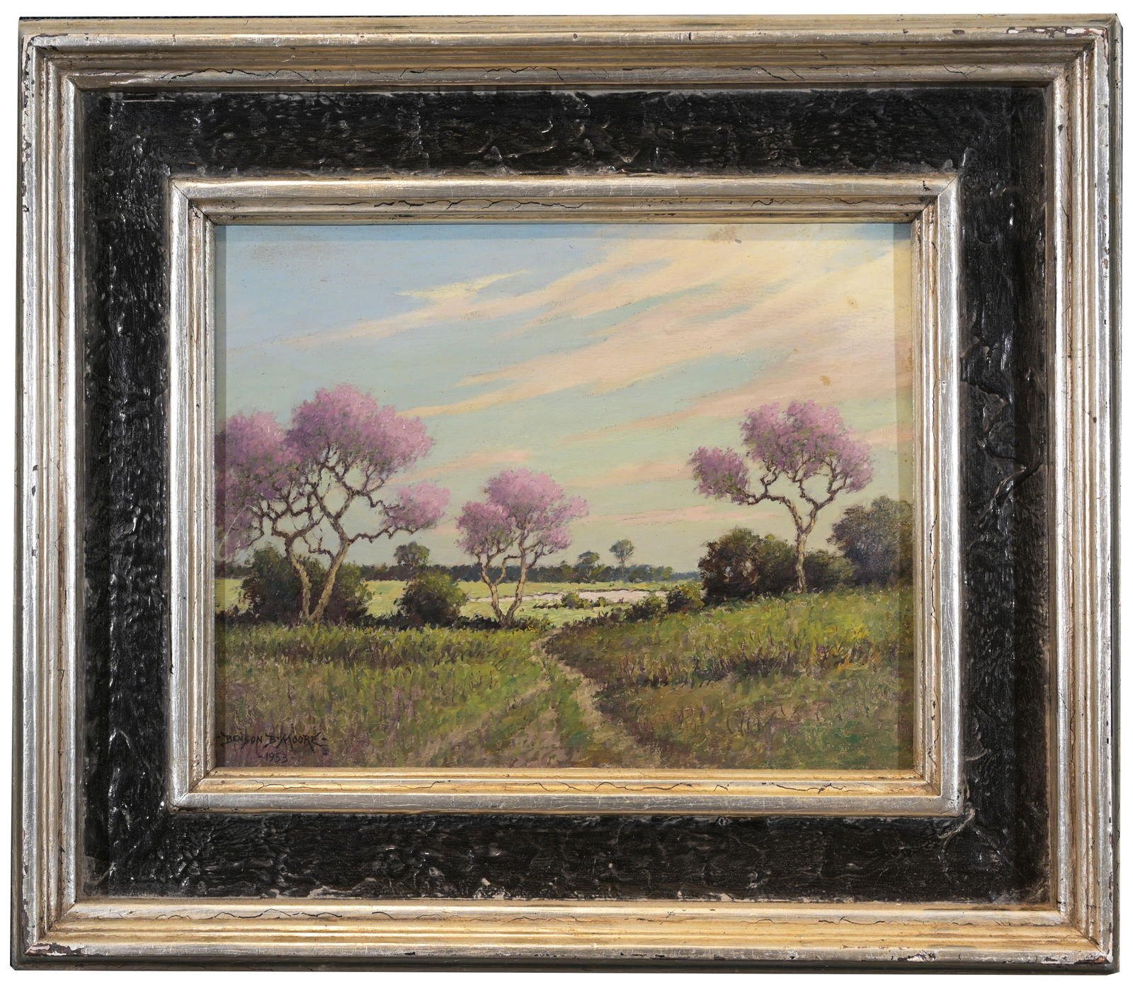 Benson B Moore (Florida, 1882 - 1974) Citra: Benson Bond Moore (Florida, 1882 - 1974) "Blossoming Trees, Citra, FLA" Oil on Board. Signed and dated (1953) lower left. Sight Size: 11 x 14 in. Overall Framed Size: 18 x 21 in.