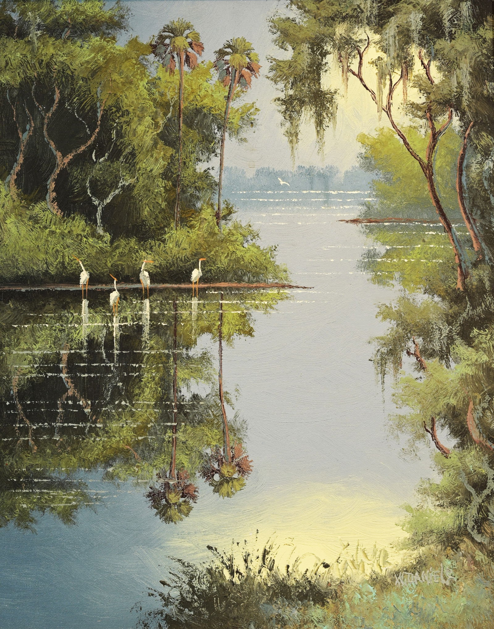 Willie Daniels (1950 - 2021) Florida Highwayman: Willie Daniels (American, 1950 - 2021) Early Florida Highwayman Oil on Canvas. Signed lower right. Sight Size: 16 x 20 in. Overall Framed Size: 23 x 19 in.