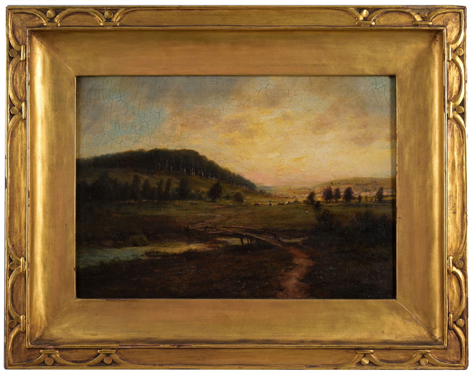 Theodore Rousseau (France, 1812 - 1867): Etienne Pierre Theodore Rousseau (France, 1812 - 1867) Barbizon landscape painting at dusk. Oil on Panel. Signed lower left. Richard Dudensing & Son Gallery label verso. Sight Size: 12 x 17 in. Overal