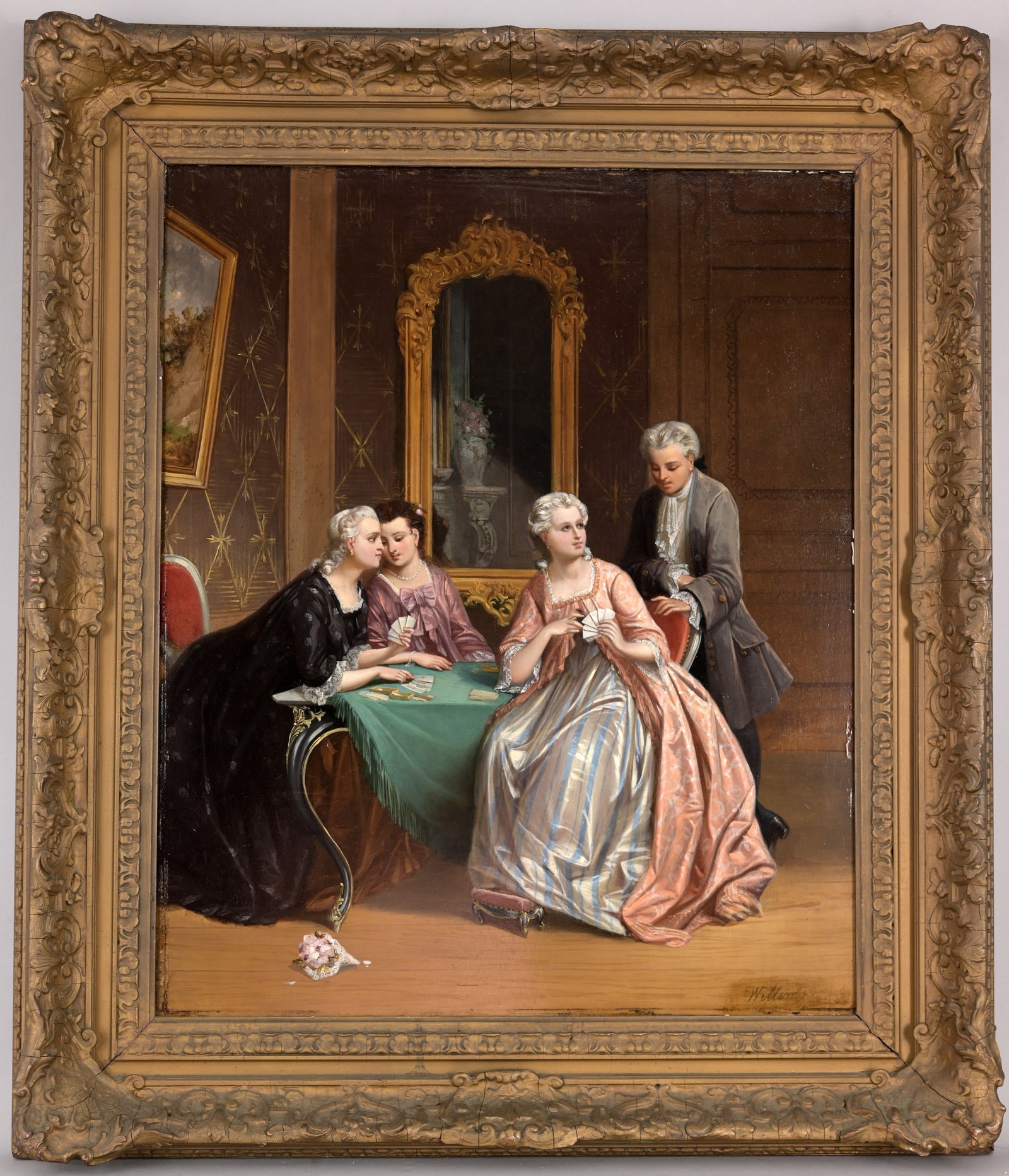 Florent Willems (Belgium, 1823 - 1905): Florent Willems (Belgium, 1823 - 1905) The Card Game Oil on Wood. Signed lower right. Sight Size: 22.5 x 18.5 in. Overall Framed Size: 29.5 x 25 in.