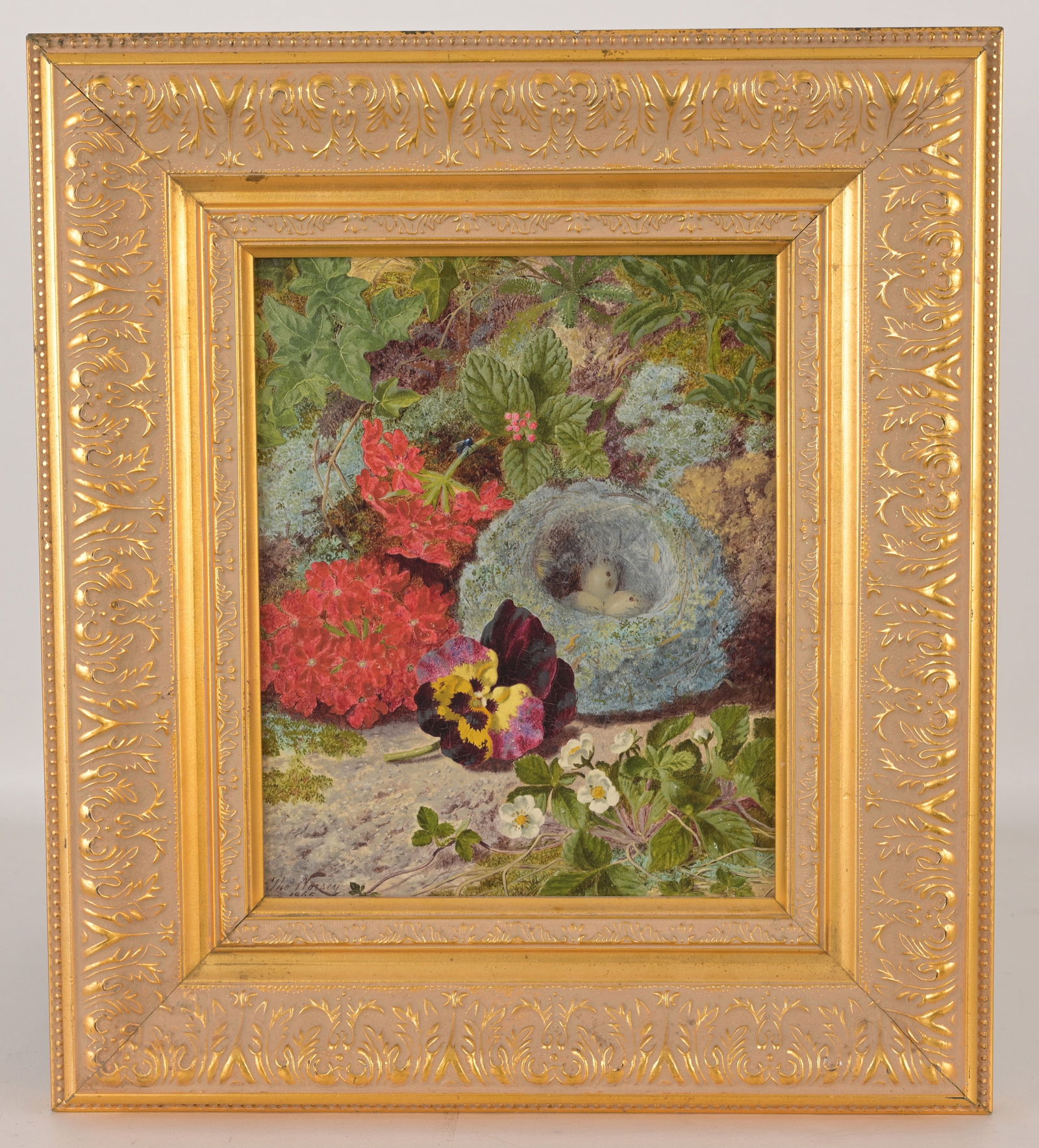 Thomas Worsey (English, 1829 - 1875): Thomas Worsey (English, 1829 - 1875) "Still Life, Flowers and Bird Nest" Oil on Canvas. Signed and dated (1865) lower left. Provenance: Frost & Reed, London Sight Size: 10.25 x 8.25 in. Overall Framed