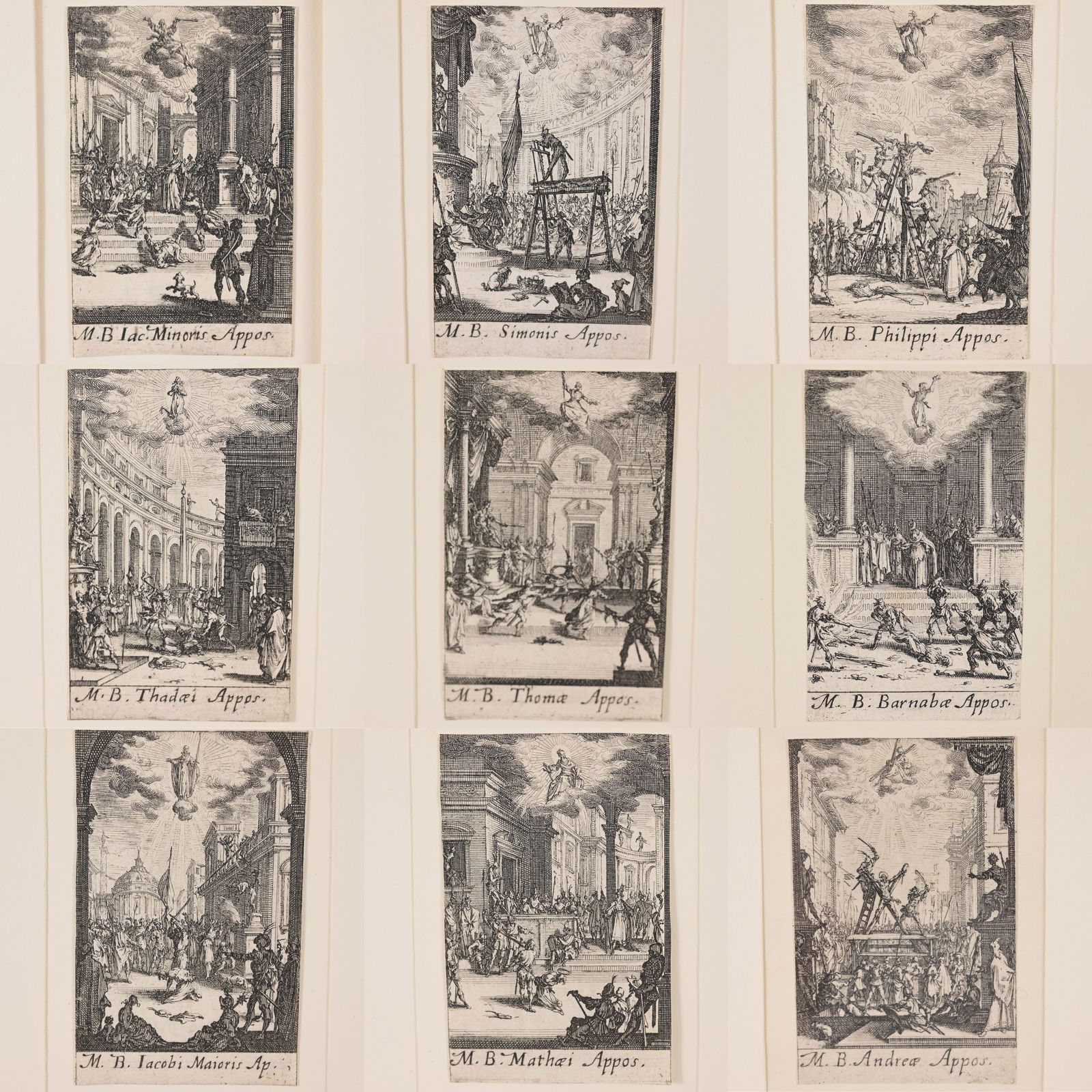 (9) Jacques Callot (1592 - 1635) Etchings: Jacques Callot (French, 1592 - 1635) Comprising nine etchings of Apostles from the (The Little Apostles or The Martyrdom of the Apostles) circa 1632. All first state impressions, on laid paper. Includ