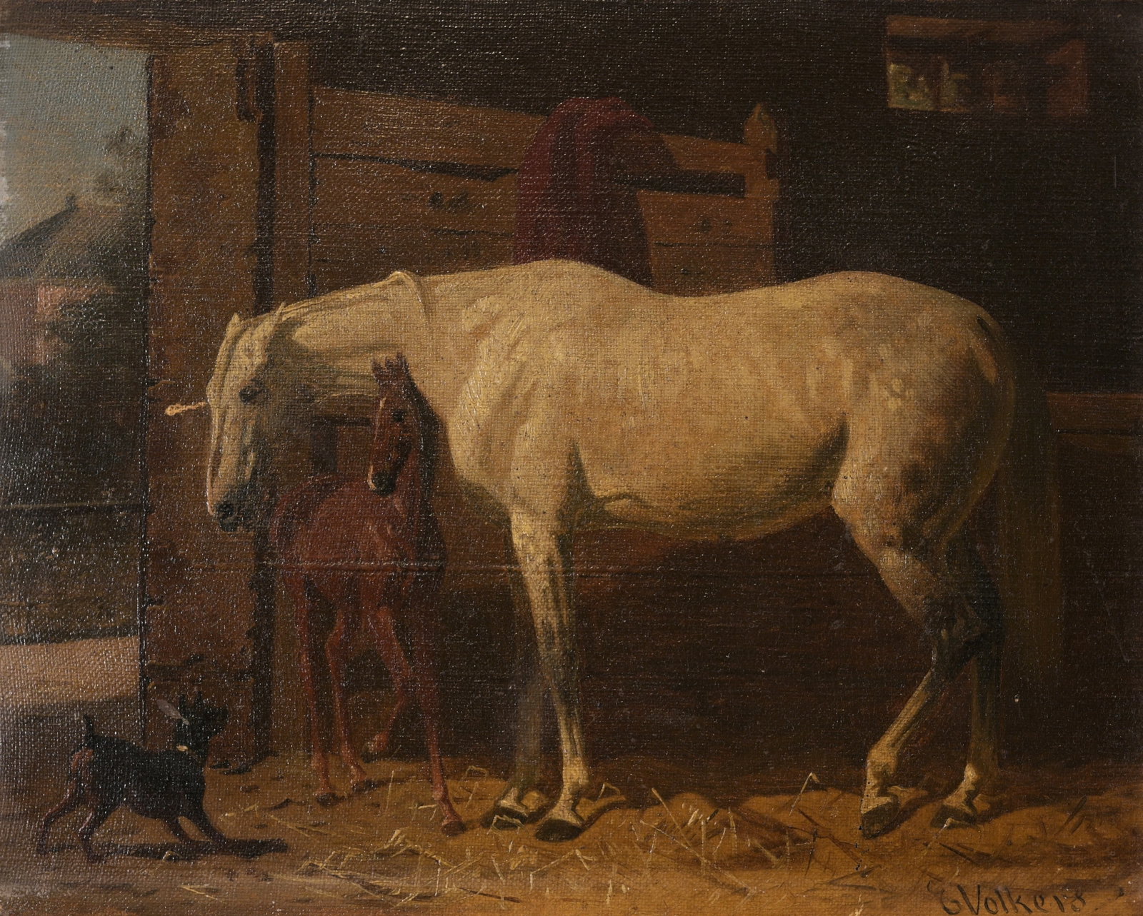 Emil Volkers (German, 1831 - 1905): Emil Volkers (German, 1831 - 1905) "Protecting the Foal" Oil on Canvas. Signed lower right. Size: 9 5/8 x 12.25 in. Unframed.