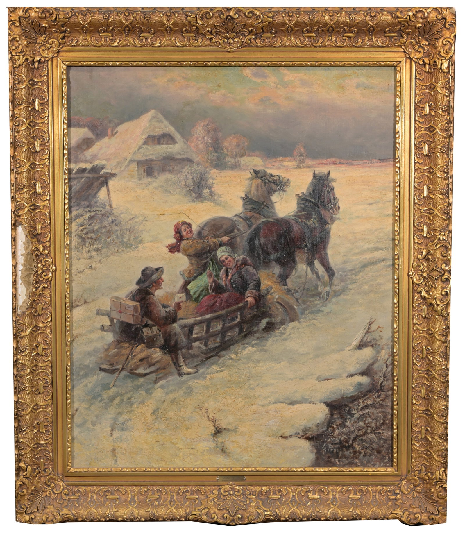 Gustav Prucha (Austrian, 1875 - 1952): Gustav Prucha (Austrian, 1875 - 1952) "Delivering the Post" Oil on Canvas. Signed lower right. Sight Size: 27 x 22 in. Overall Framed Size: 34 x 29.5 in. Condition: loss to frame, yellowing of varnish