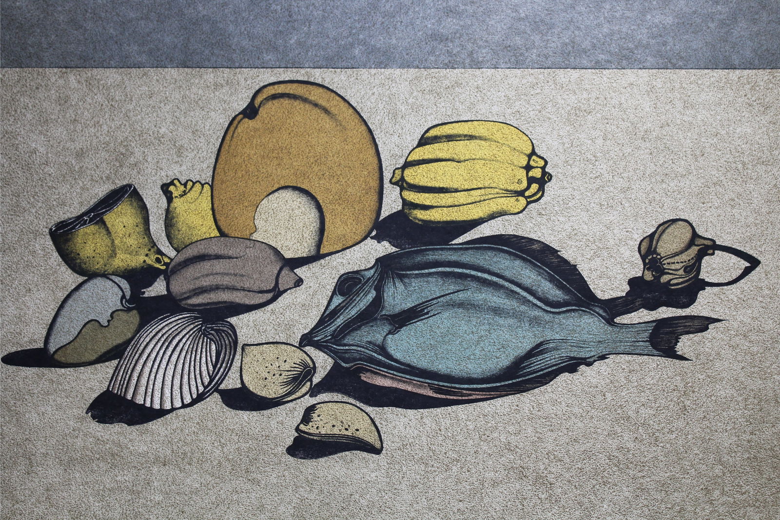 Mihail Chemiakin "Nature Morte w/ Fish" (56/78): Mihail Chemiakin (New York, Russia born 1943) "Nature Morte w/ Fish" Color Lithograph on Japan paper. Numbered (56/78) lower left. Signed lower right. Chemiakin's work is in the permanent collections