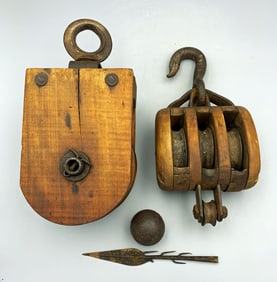 pair of antique block and tackle wooden pulleys
