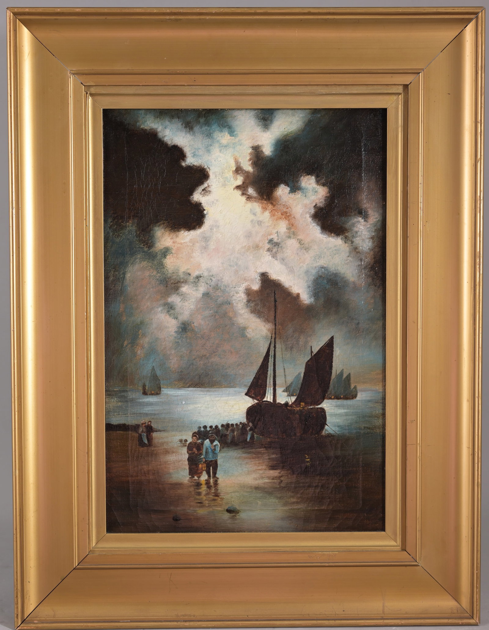 Antique Moonlit Seascape with Ship: Antique Moonlit Seascape with Ship. Oil on Canvas. Sight Size: 17.5 x 11.5 in. Overall Framed Size: 25 x 19 in. (MB 0407)