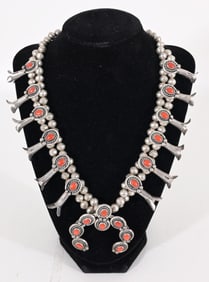 Navajo Squash Blossom Necklace w/ Red Coral Inlay