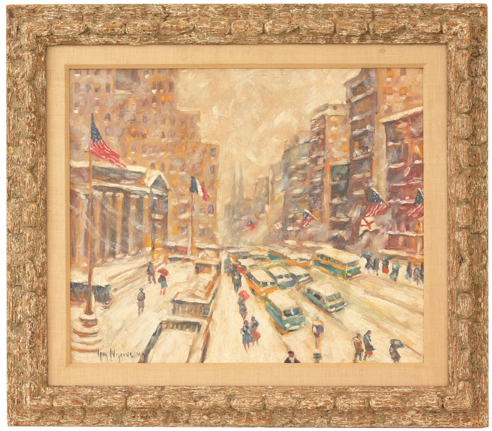 Guy Carleton Wiggins (American, 1883 - 1862): Guy Carleton Wiggins (New York, 1883 - 1862) "The Public Library in Winter" Oil on Board painting depicting figures in a snowy New York City scene near the New York Public Library. Signed lower left.