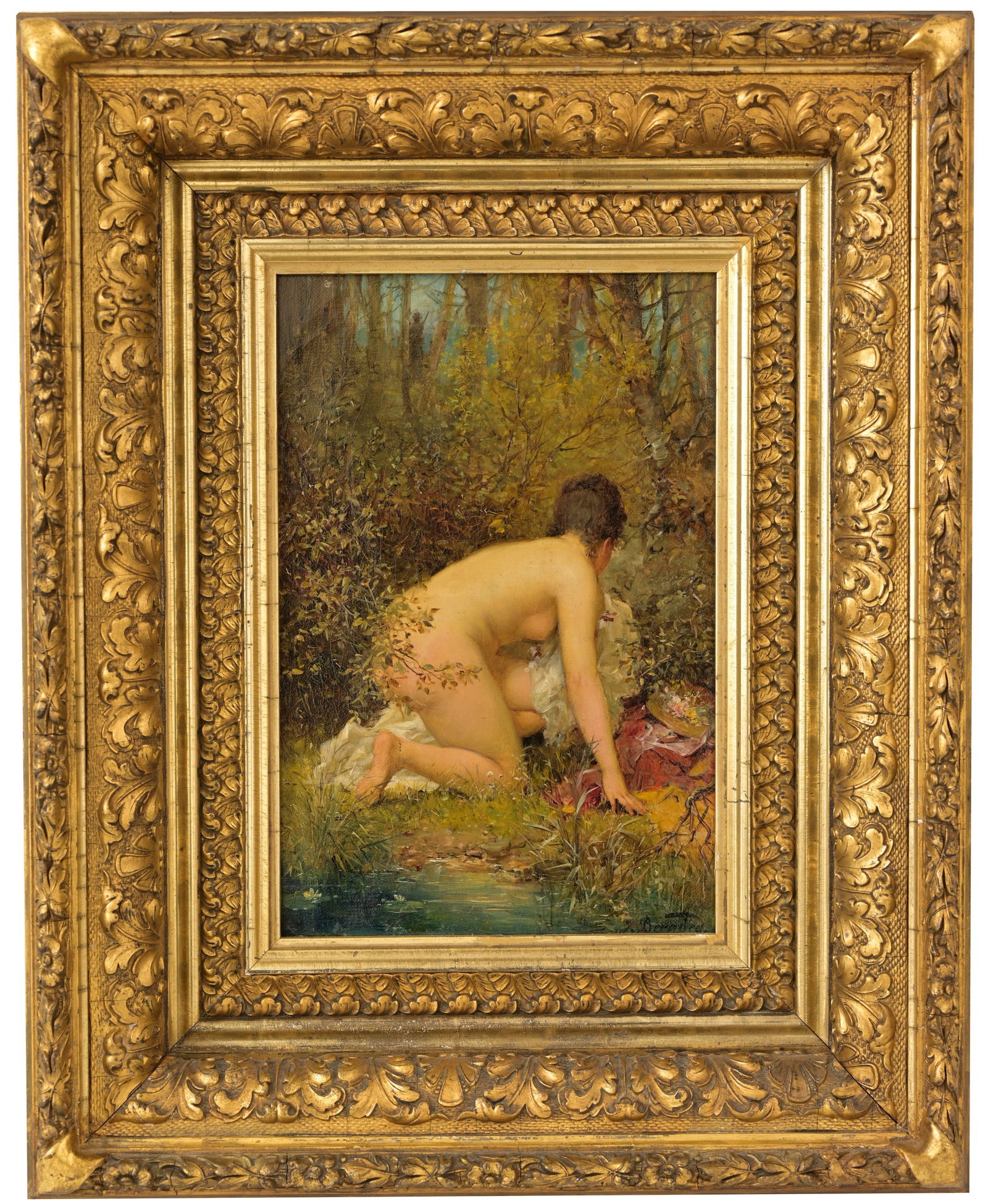 Hans Zatzka (Austria, Italy, 1859 - 1945): Hans Zatzka (Austria, Italy, 1859 - 1945) Painting of a nymph in the woodlands with a figure lurking in the distance. Oil on Canvas. Signed in Zatzka's pseudonym lower right. Housed in an elaborate gi