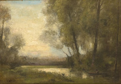 Signed Corot, Barbizon Landscape with Figure